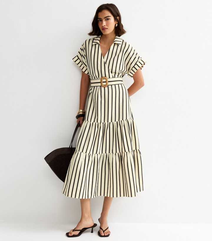 Cream Stripe Shirt Raffia Buckle Midi Dress