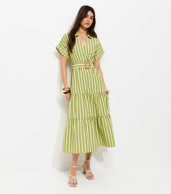 Green Stripe Shirt Raffia Buckle Midi Dress
