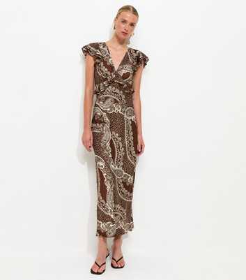 Brown Satin Paisley Ruffled Trim Midi Dress