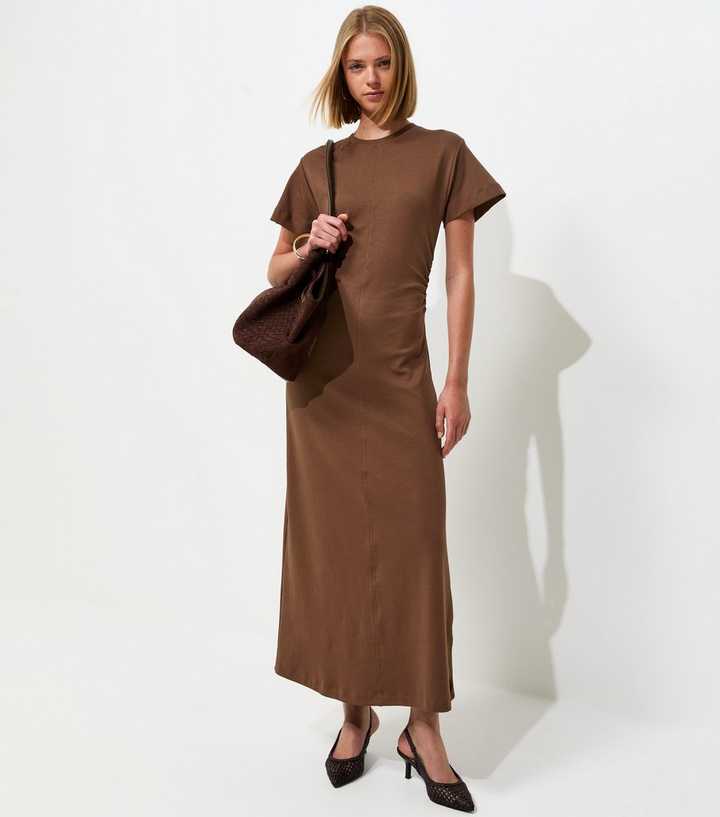 Brown Shirred Side Jersey Midi Dress