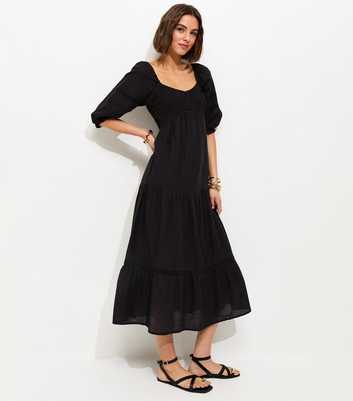 Black Shirred Milkmaid Midi Dress