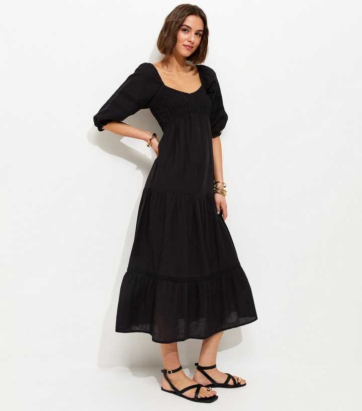 Black Shirred Milkmaid Midi Dress