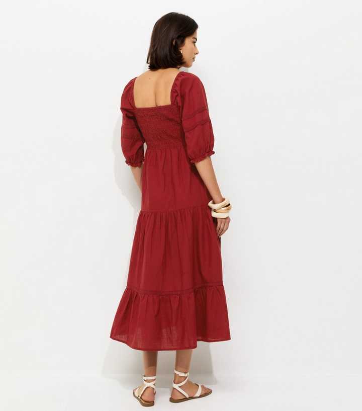 Red Shirred Milkmaid Midi Dress | New Look
