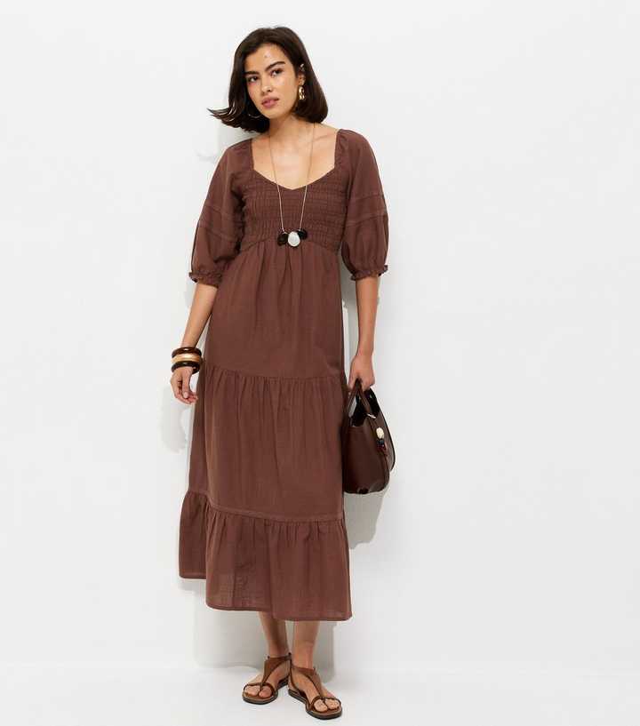 Dark Brown Shirred Milkmaid Midi Dress