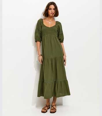 Dark Khaki Shirred Milkmaid Midi Dress