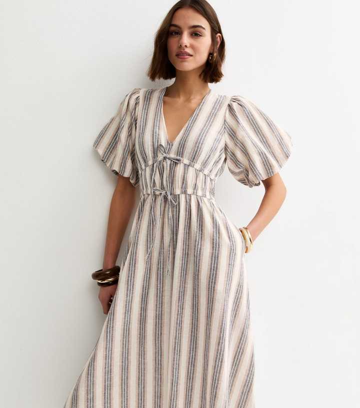 Cream and Blue Stripe Puff Sleeve Midi Dress