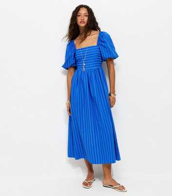Bright Blue Puff Sleeve Striped Midi Dress