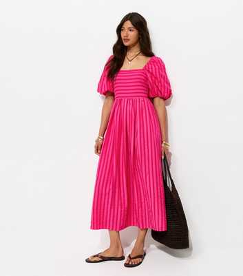 Dark Pink Puff Sleeve Striped Midi Dress