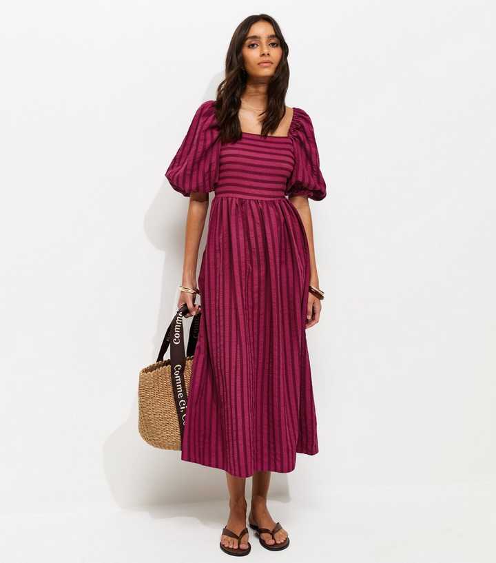 Dark Pink Puff Sleeve Striped Midi Dress