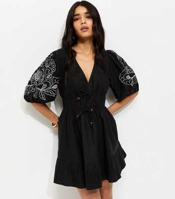 Black Cotton Embroidered Puff Sleeve Mini Dress