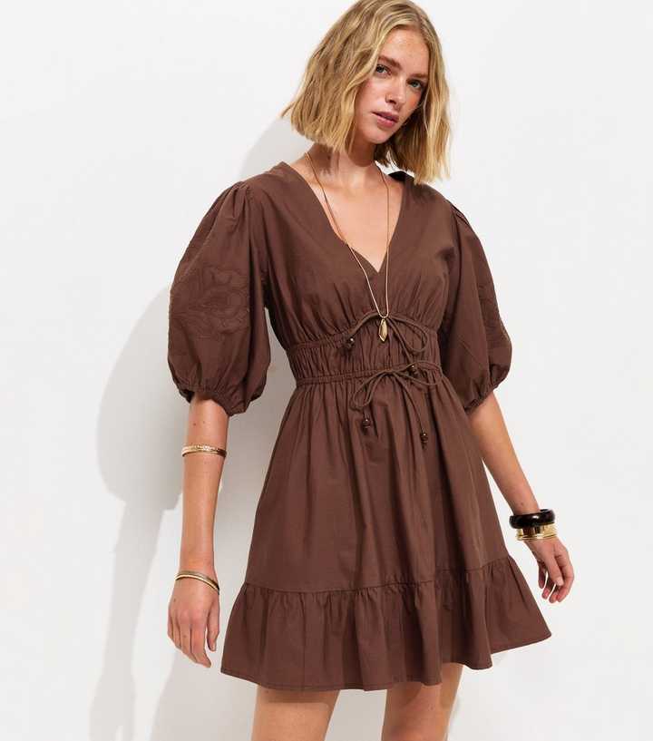 Brown Cotton Embroidered Puff Sleeve Mini Dress