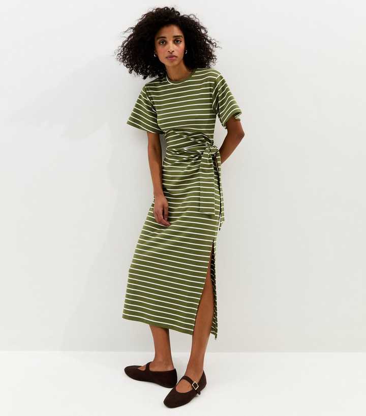 Green Stripe Tie Waist Midi Dress