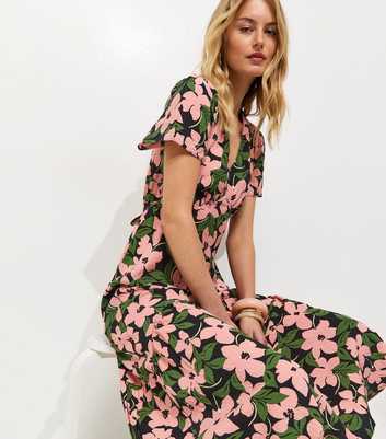 Tall Pink Crinkle Texture Floral Print Tiered Hem Midi Tea Dress