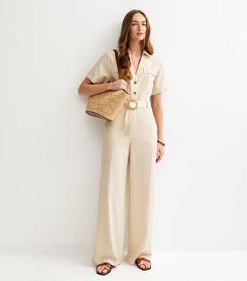 Tall Stone Linen Look Short Sleeve Belted Jumpsuit