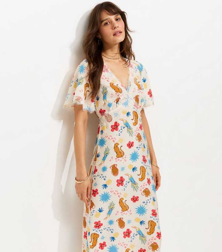 Tall Cream Leopard Print Lace Trim Midi Tea Dress