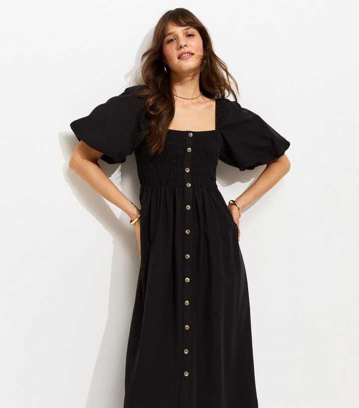 Tall Black Button Through Shirred Midi Dress