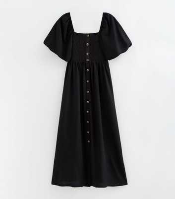 Tall Black Button Through Shirred Midi Dress