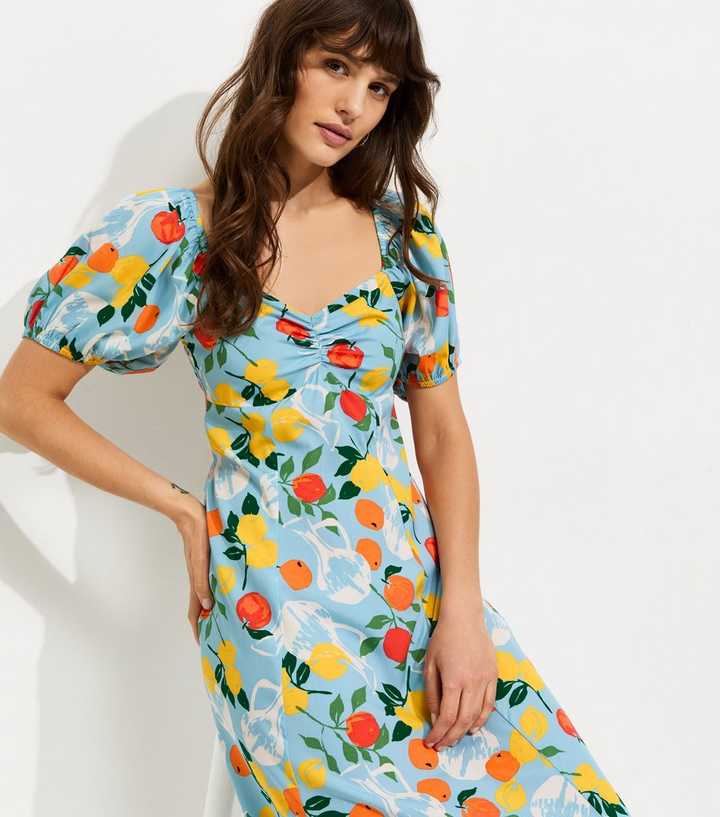 Tall Blue Fruit Print Crepe Midi Dress
