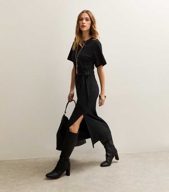 Black Jersey Tie Waist Midi Dress