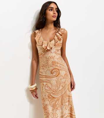 Cream Paisley Ruffle Neckline Midi Dress