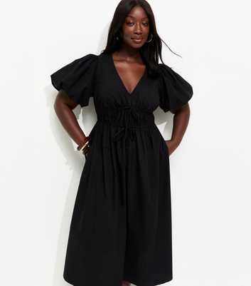 Curves Black Puff Sleeve Flared Midi Dress