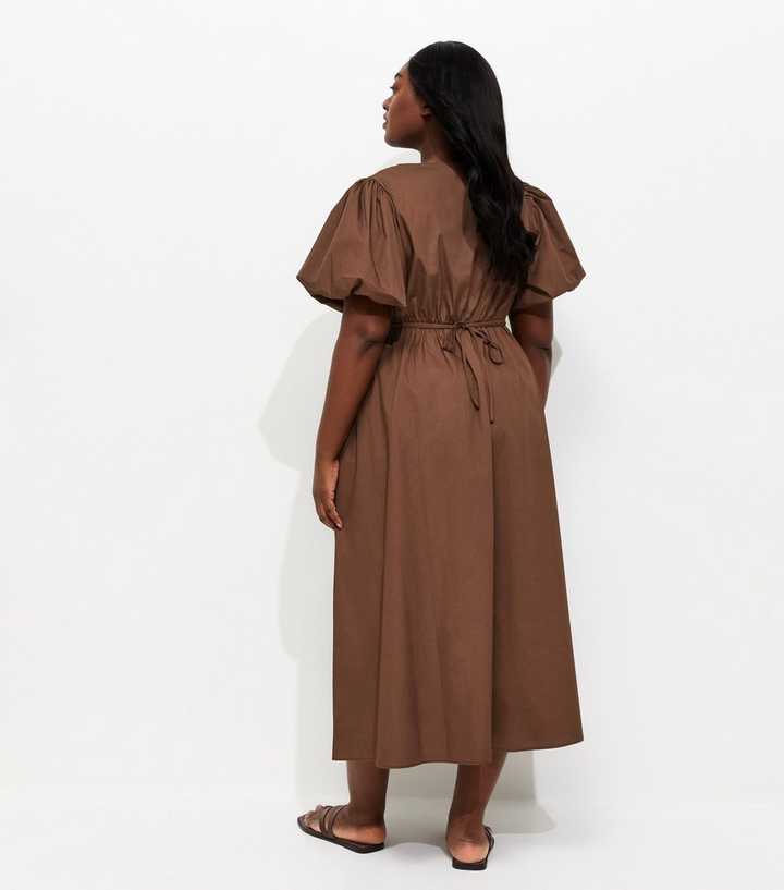 Curves Dark Brown Puff Sleeve Flared Midi Dress | New Look