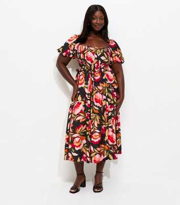 Curves Black Floral Print Milkmaid Midi Dress