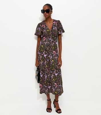 Black Floral Print Tiered Midi Dress