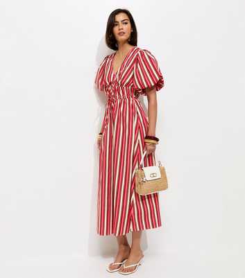 Pink Cotton Striped Puff Sleeve Midi Dress