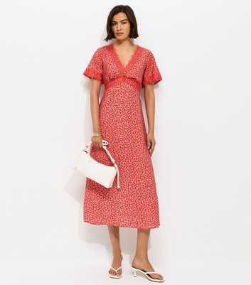 Red Floral Ditsy Lace Tea Midi Dress