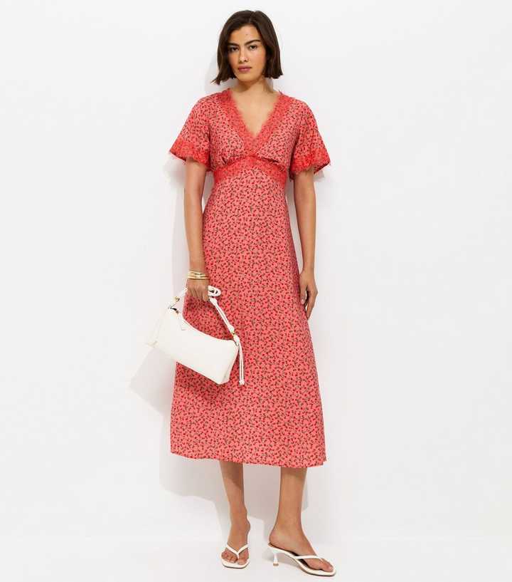 Red Floral Ditsy Lace Tea Midi Dress