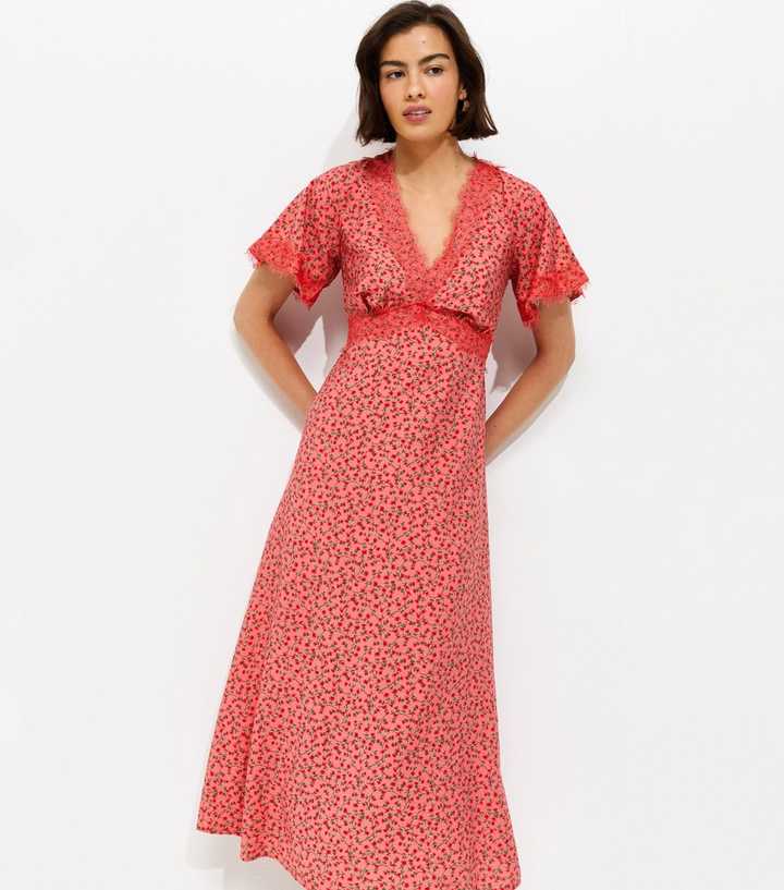red floral midi tea dress Jess Red Floral Opulent V-Neck Midi Dress