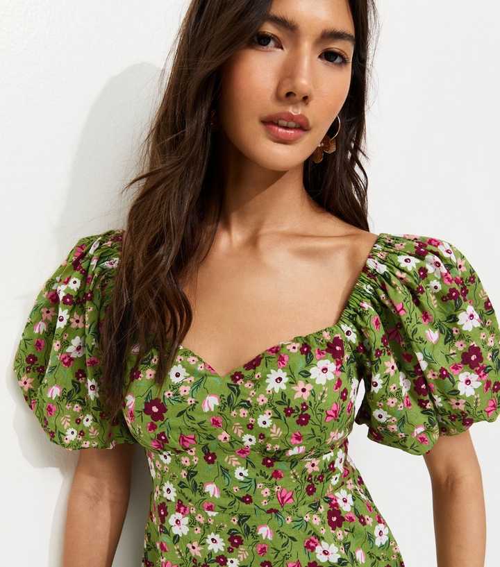 green plaid dress outfit MissJophiel Corset Tie Back Floral Print Tulle Prom Dress with Removable Puff Sleeves Sage Print / Above Knee / US8 main image 1