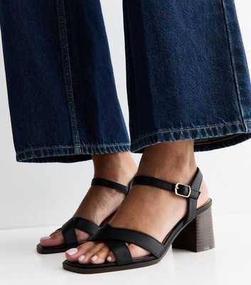 Black Faux Leather Block Heel Sandals