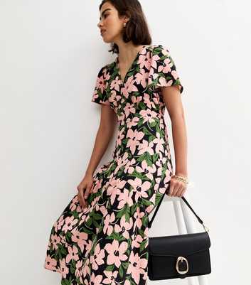 Green Floral Print Tiered Midi Tea Dress
