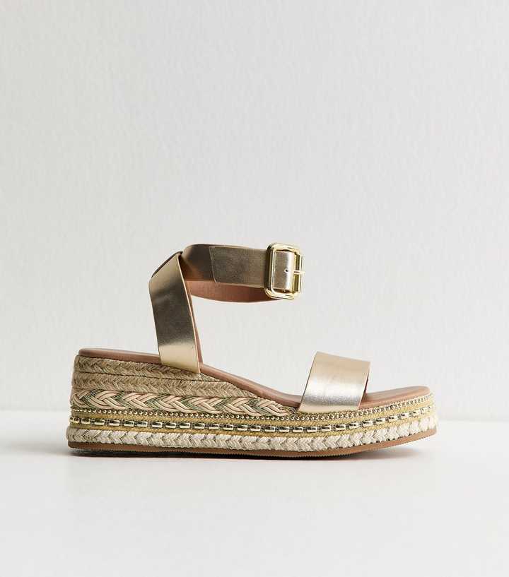 Gold Faux Leather Embroidered Wedge Sandals