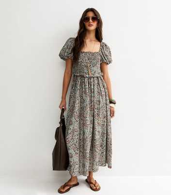 Blue Paisley Shirred Puff Sleeve Midi Dress