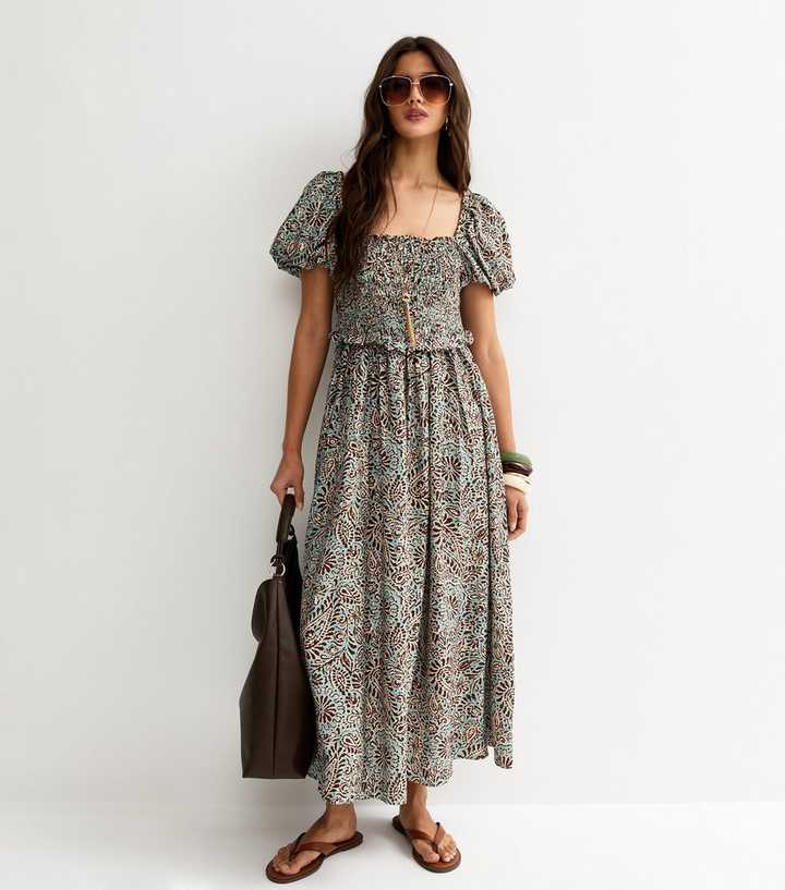 Blue Paisley Shirred Puff Sleeve Midi Dress