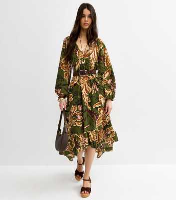 Green Floral Ruffled Hem Midi Dress