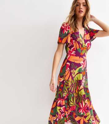 Purple Crinkle Texture Leaf Print Tiered Midi Tea Dress