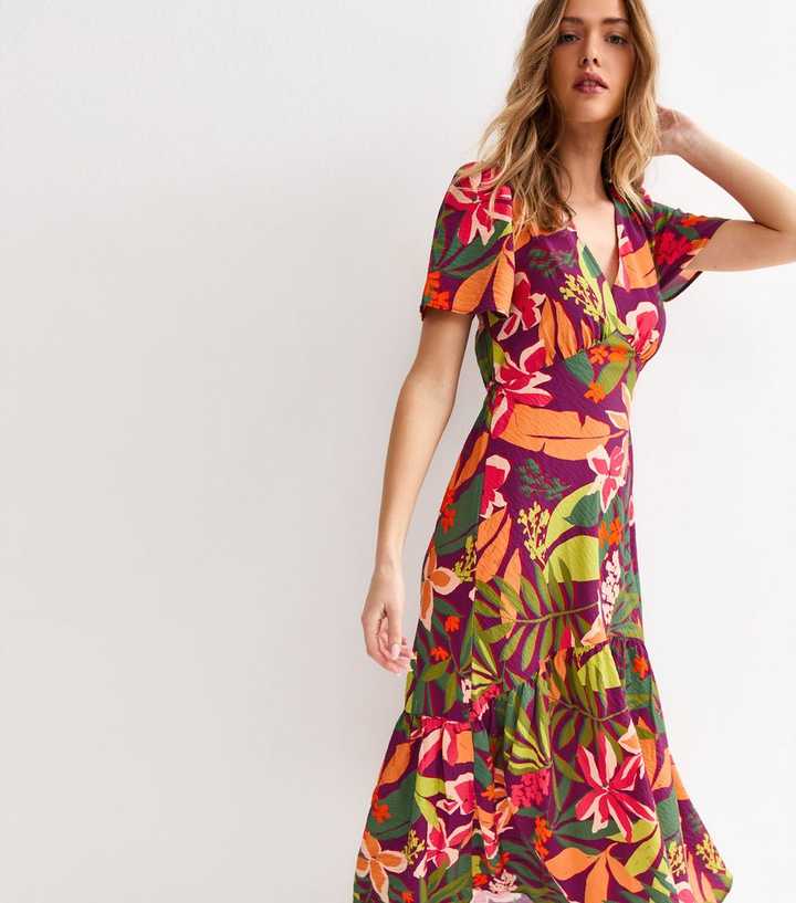 Purple Crinkle Texture Leaf Print Tiered Midi Tea Dress