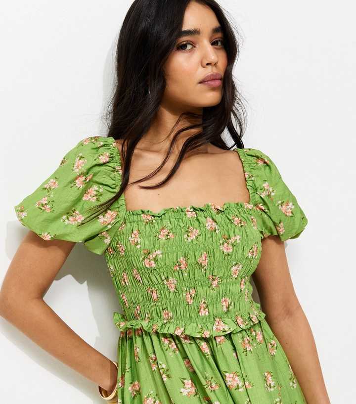 green emerald velvet dress Prunelle sage-green floral-print shirred midi dress