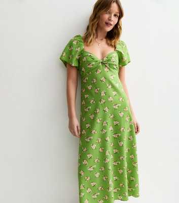 Green Floral Sweetheart Neck Midi Dress