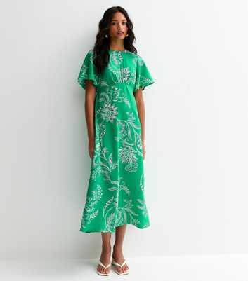 Green Floral Baroque Flutter Sleeve Midi Dress