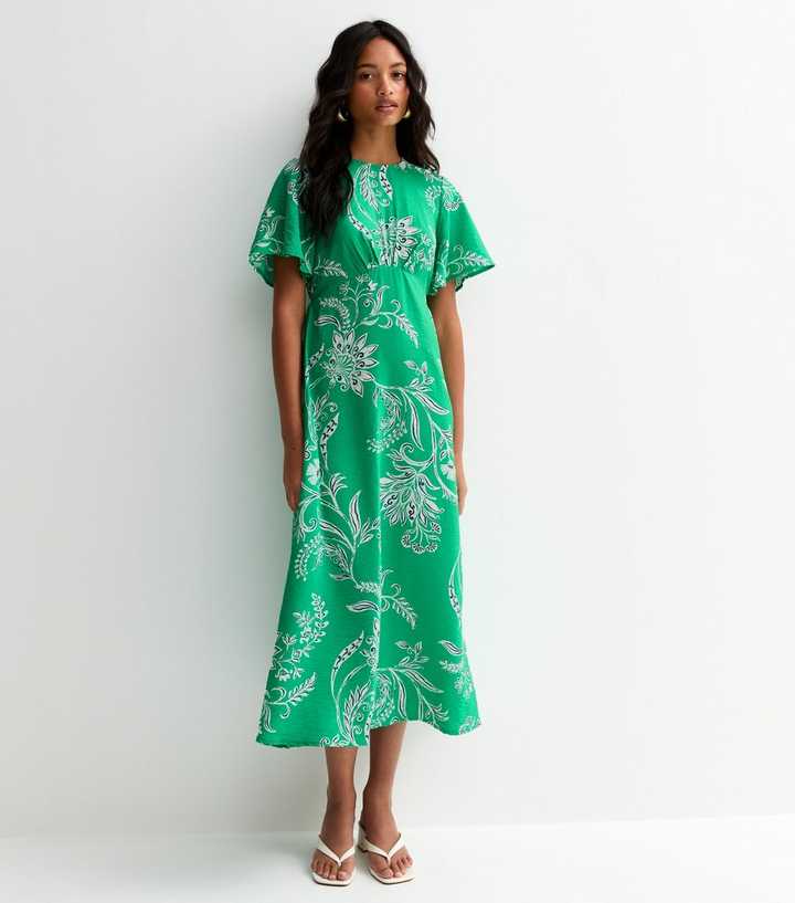 Green Floral Baroque Flutter Sleeve Midi Dress