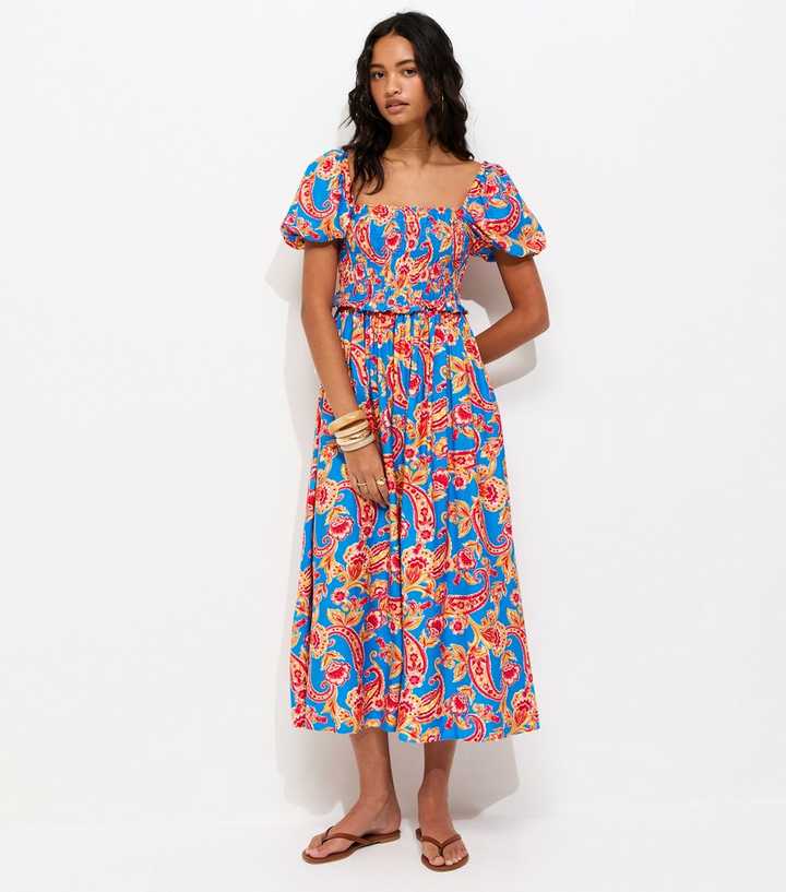 Blue Floral Shirred Puff Sleeve Midi Dress