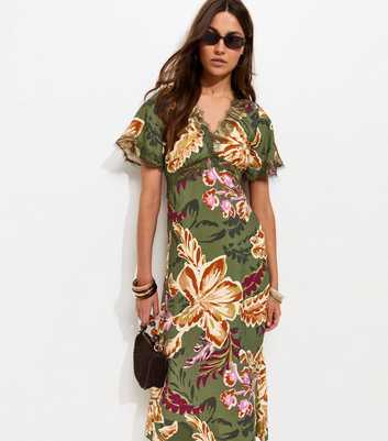 Green Floral Paisley Lace Trim Midi Dress