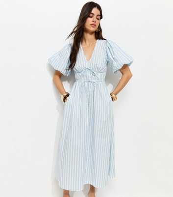 Blue Striped Puff Sleeve Midi Dress
