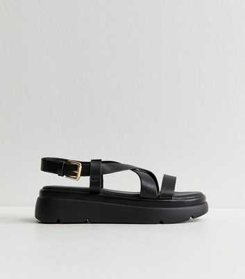 Black Faux Leather Crossover Strap Flatform Sandals