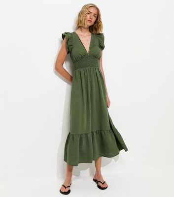 Green Ruffled Cap Sleeve Midi Dress